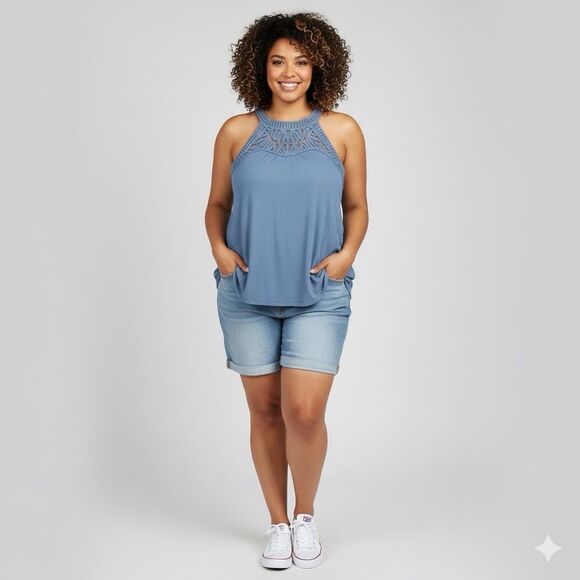 Torrid Blue Crochet Lace High Neck Sleeveless Tank Top Size 2 - Picture 1 of 8